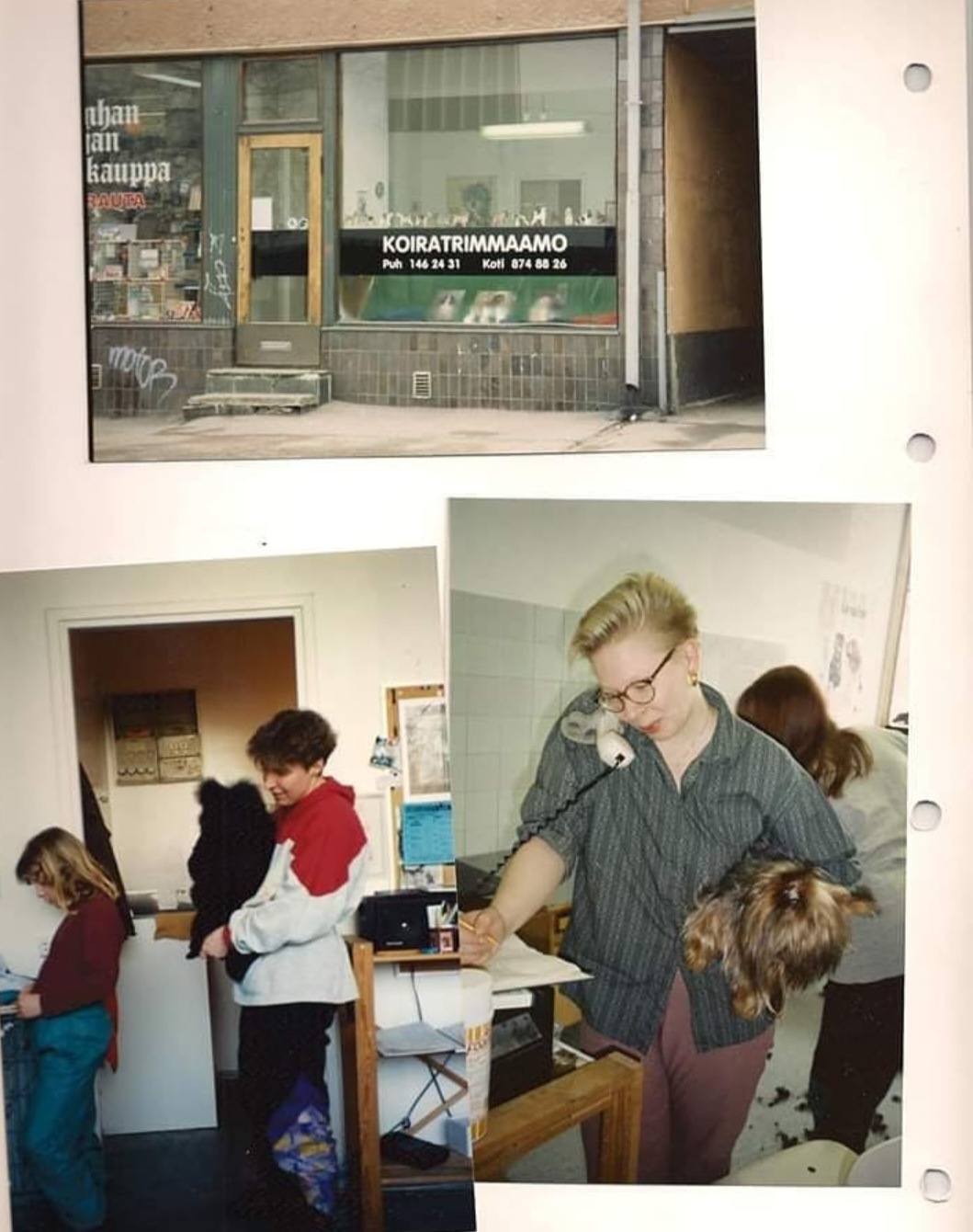Vanhoja valokuvia Helsingin Koiratrimmaamon historiasta. Ylhäällä liiketilan näyteikkuna, alhaalla trimmaajia koirien kanssa työn touhussa.